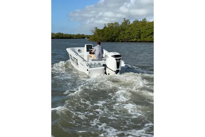 Slide: The Image of 2026 American Custom Catamarans 17 navigating through calm waters, surrounded by lush greenery. - 8