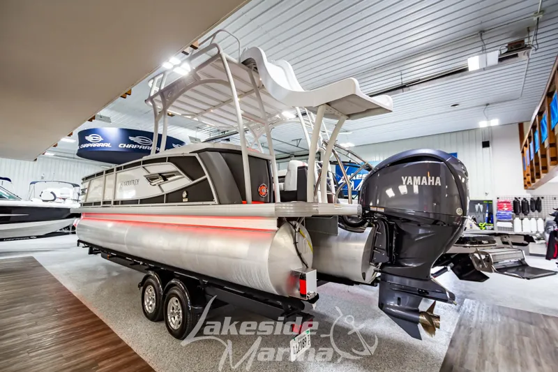 Slide: The Image of 2023 Godfrey AquaPatio 255 SDC pontoon boat with Yamaha engine in showroom. - 5