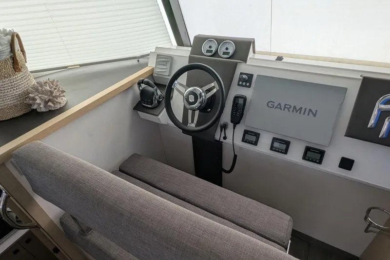 Slide: The Image of Helm of 2020 Fountaine Pajot MY 37 with Garmin navigation system and modern controls. - 13