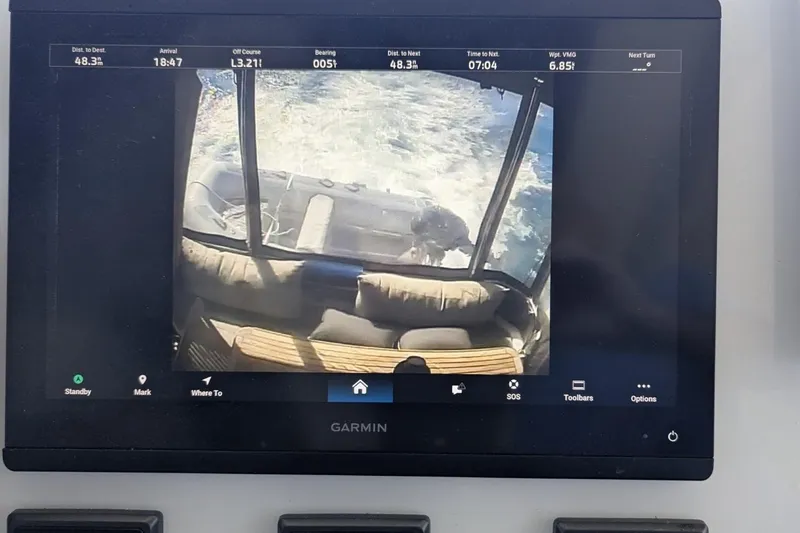 Slide: The Image of Garmin display on 2020 Fountaine Pajot MY 37 showing navigation and rear view. - 28