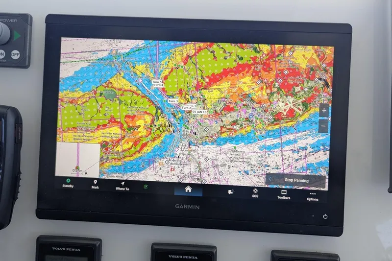 Slide: The Image of Garmin navigation display on 2020 Fountaine Pajot MY 37 yacht, showing detailed nautical chart. - 29
