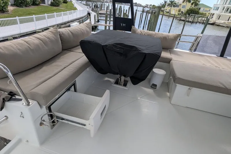 Slide: The Image of Fountaine Pajot MY 37 yacht interior, 2020 model, featuring spacious seating and storage. - 8