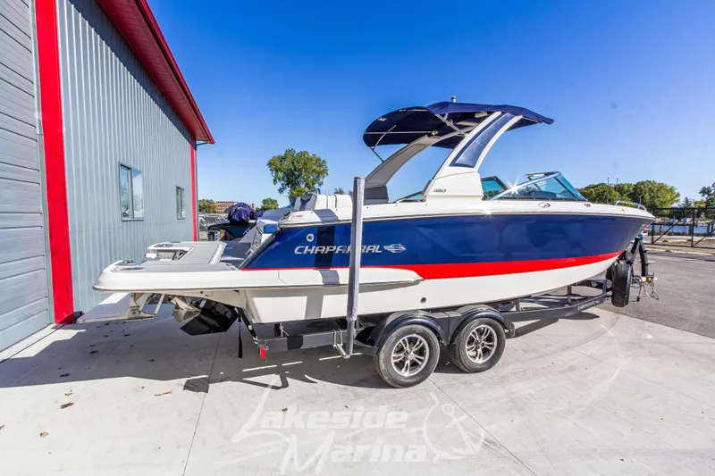 Slide: The Image of 2021 Chaparral 267 SSX boat on trailer at Lakeside Marina. - 5
