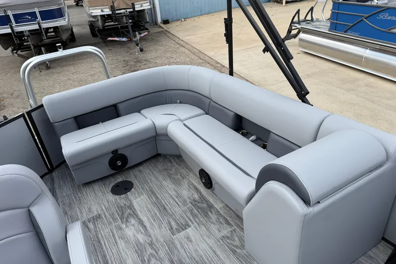 Slide: The Image of 2026 Bentley Pontoons Legacy 220 Cruise XL with luxurious gray seating and modern design. - 19