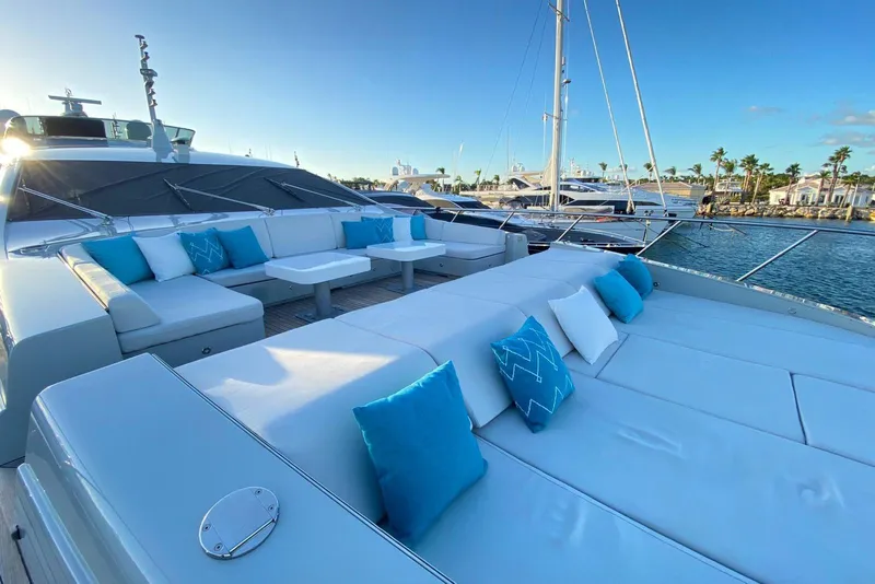 Slide: The Image of Cockpit of 2020 Mangusta 110 Open yacht with advanced navigation controls and ocean view. - 16