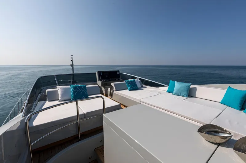 Slide: The Image of Luxurious interior of 2020 Mangusta 110 Open yacht with ocean view window. - 19