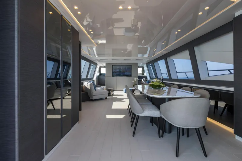 Slide: The Image of Luxurious bathroom interior of 2020 Mangusta 110 Open yacht, featuring modern design and elegant fixtures. - 25
