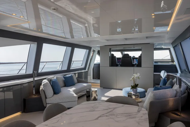 Slide: The Image of Luxurious twin cabin interior on 2020 Mangusta 110 Open yacht, featuring modern design and ocean view. - 26