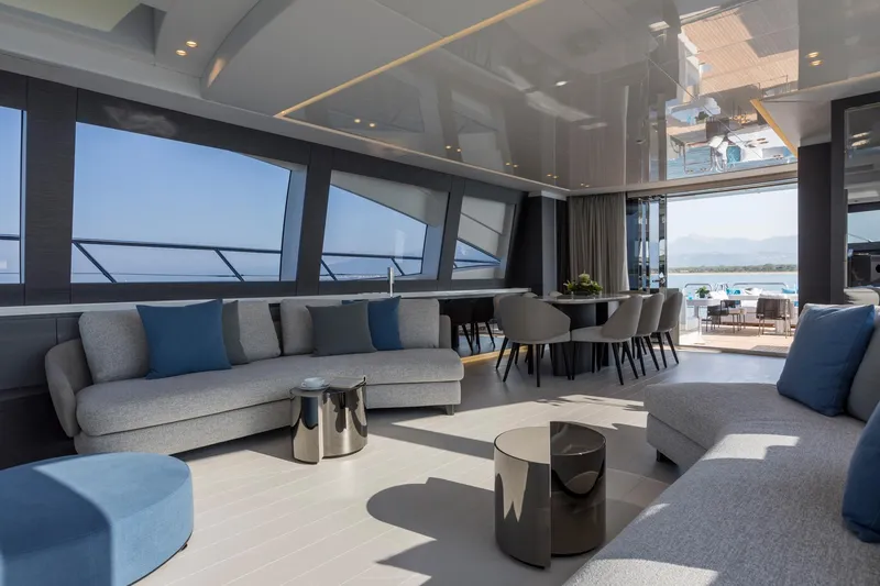 Slide: The Image of Bunk beds in a 2020 Mangusta 110 Open yacht cabin, featuring modern design and white bedding. - 30