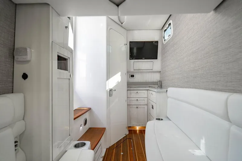 Slide: The Image of Luxurious interior of 2024 HCB 42 Lujo boat with modern amenities and sleek design. - 40