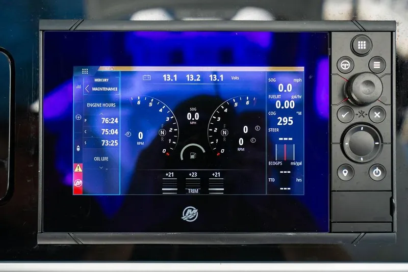 Slide: The Image of Dashboard display of 2024 HCB 42 Lujo boat showing engine metrics and controls. - 75