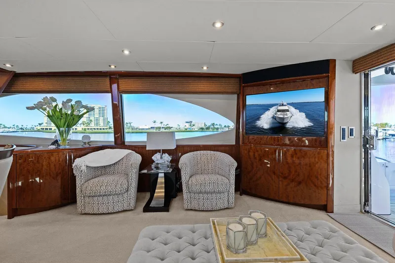 Slide: The Image of Luxurious Lazzara yacht interior with elegant seating, large windows, and a flat-screen TV. - 45
