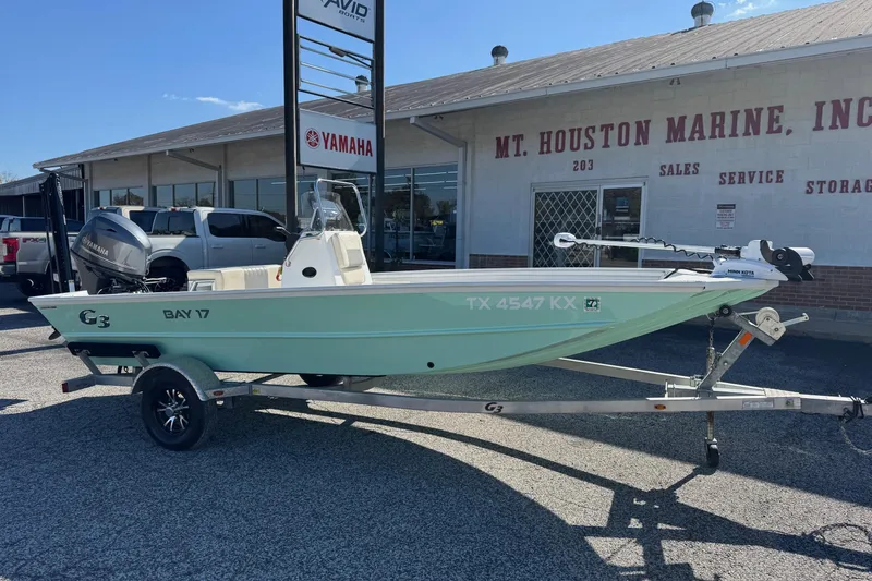 Slide: The Image of 2023 G3 Bay 17 boat on trailer outside Mt. Houston Marine dealership. - 0