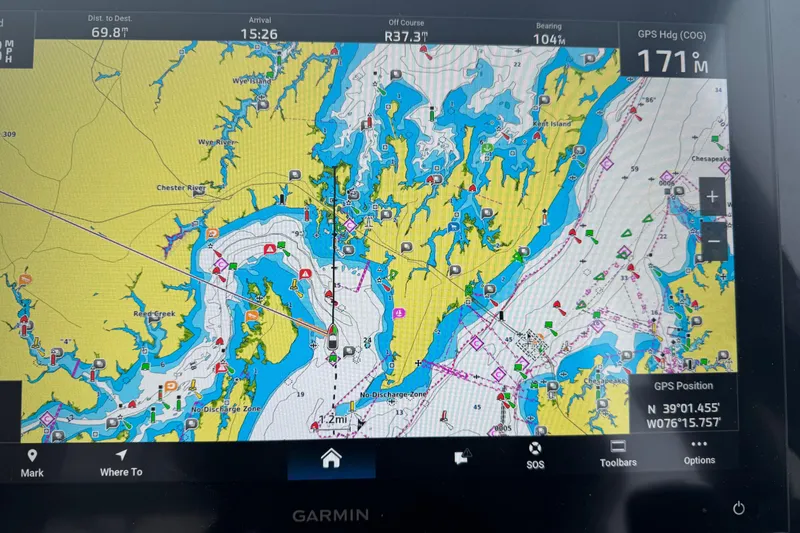 Slide: The Image of Garmin marine GPS display showing navigation map on Beneteau Antares 11 Fly, 2025 model. - 27