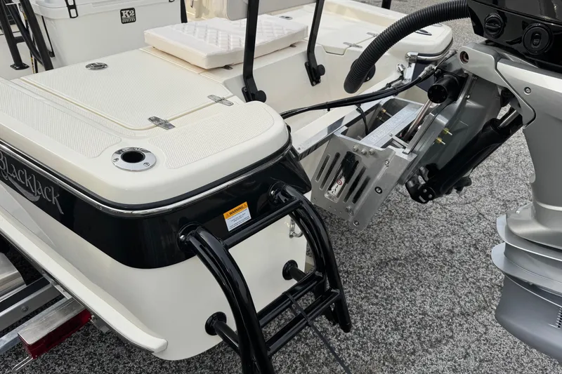 Slide: The Image of Rear view of a 2026 BlackJack 224 boat with motor and ladder. - 7