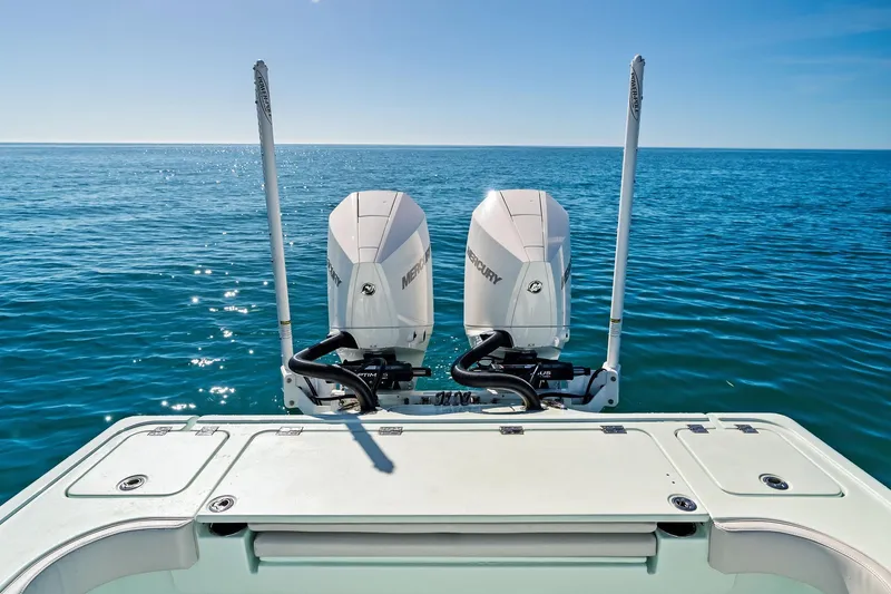 Slide: The Image of 2023 Barker Boatworks 26 Open with dual Mercury engines on open sea. - 37