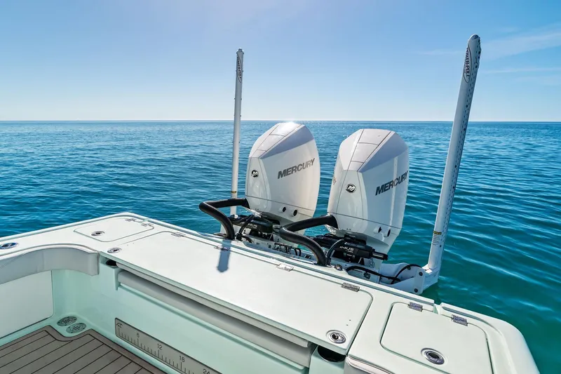 Slide: The Image of 2023 Barker Boatworks 26 Open with dual Mercury engines on open sea. - 40