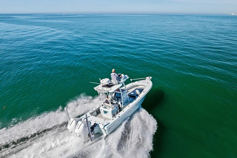 Slide: The Image of 2023 Barker Boatworks 26 Open cruising on open water, aerial view. - 57