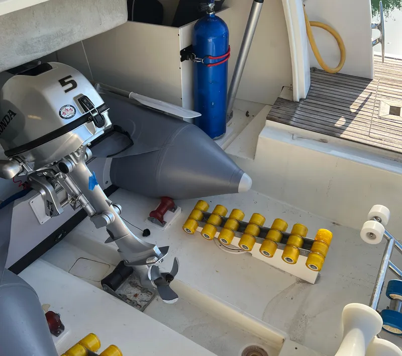 Slide: The Image of 2013 Prestige 500 S yacht interior with outboard motor and diving equipment. - 34