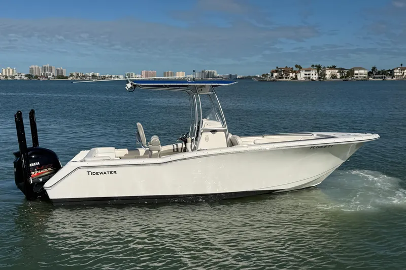 Slide: The Image of 2018 Tidewater 232 LXF boat on calm water with cityscape background. - 2
