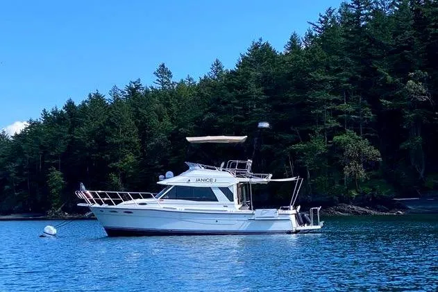 The Image of 2016 Cutwater 30 Command Bridge boat on calm water near forested shoreline. - 0