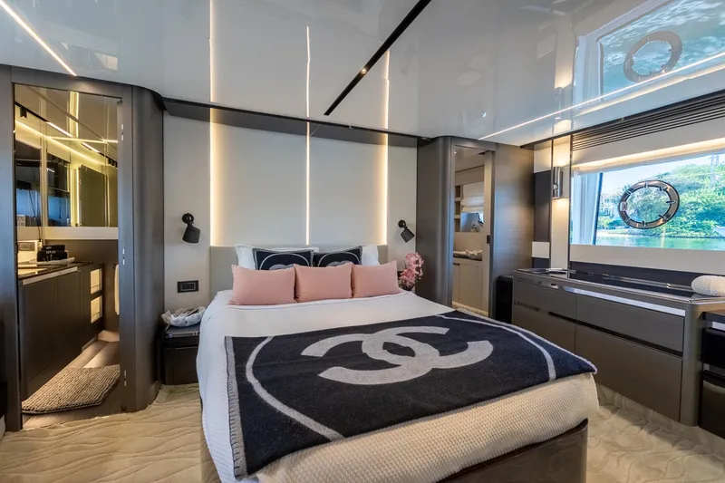 Slide: The Image of Luxurious bedroom interior of 2023 Azimut S8 yacht with modern design and elegant decor. - 42