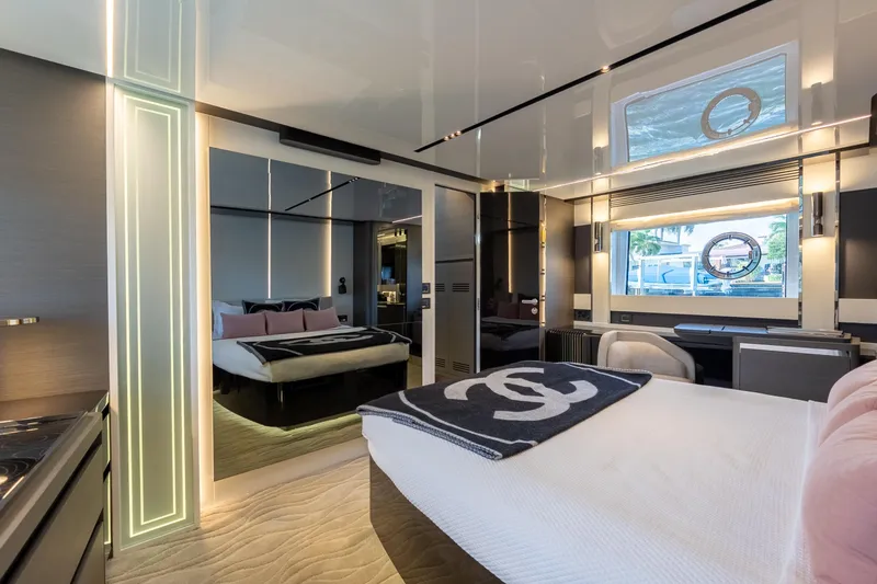 Slide: The Image of Luxurious 2023 Azimut S8 yacht interior with modern bedroom design and elegant decor. - 46