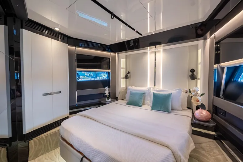 Slide: The Image of Luxurious bedroom interior of 2023 Azimut S8 yacht with modern design and elegant decor. - 51