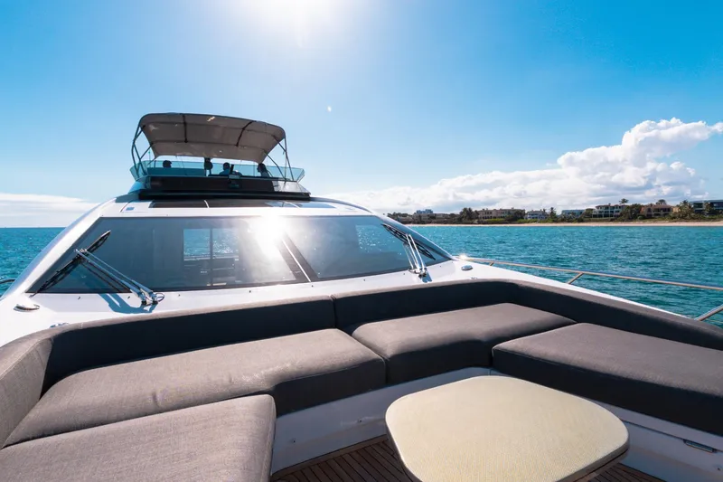 Slide: The Image of Luxurious 2023 Azimut S8 yacht with spacious deck, cruising on clear blue waters. - 66