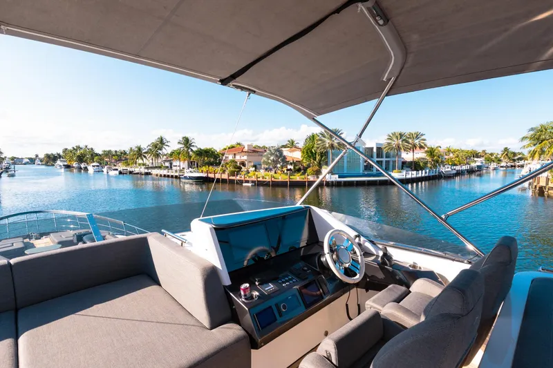Slide: The Image of 2023 Azimut S8 yacht interior with waterfront view, featuring luxurious seating and modern helm. - 72