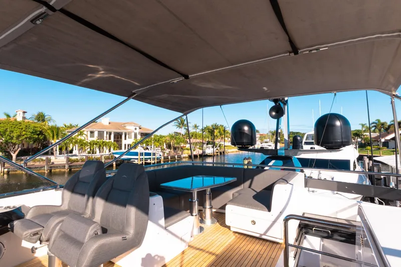 Slide: The Image of Luxurious 2023 Azimut S8 yacht deck with seating, shaded canopy, and waterfront view. - 73