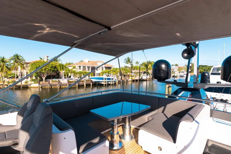 Slide: The Image of Luxurious 2023 Azimut S8 yacht deck with seating, table, and waterfront view. - 74