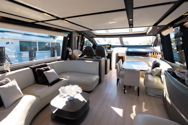 Slide: The Image of Luxurious interior of 2023 Azimut S8 yacht with modern seating and dining area. - 8