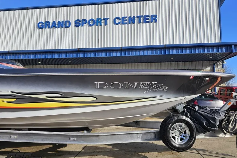 Slide: The Image of 2007 Donzi 38 ZR boat on trailer at Grand Sport Center. - 11