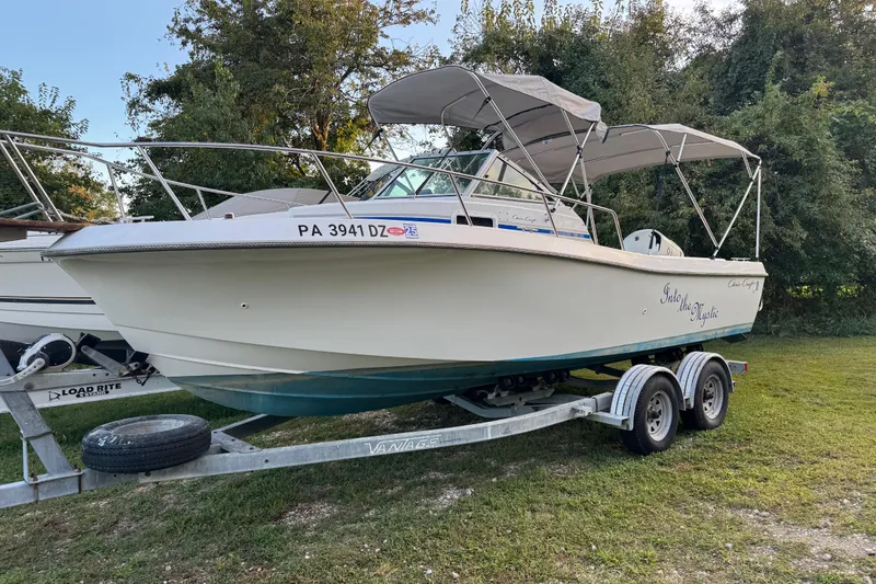 Slide: The Image of 1988 Chris-Craft 215 Sea Hawk boat on trailer, parked on grass. - 5