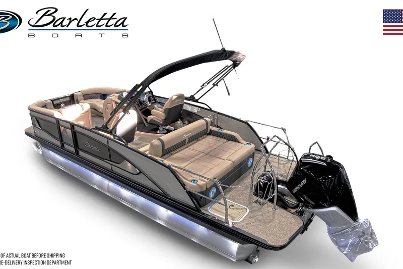 Slide: The Image of 2026 Barletta L23UC pontoon boat with luxurious seating and Mercury outboard motor. - 13