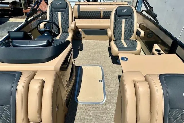 Slide: The Image of Luxurious interior of 2026 Barletta L23UC pontoon boat with plush seating and modern design. - 8