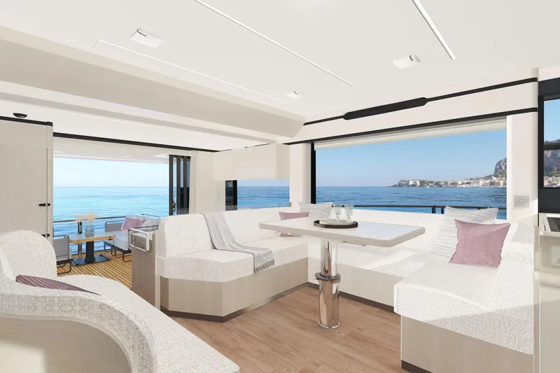 Slide: The Image of Luxurious interior of 2028 Absolute 50 Navetta yacht with ocean view and elegant seating. - 4