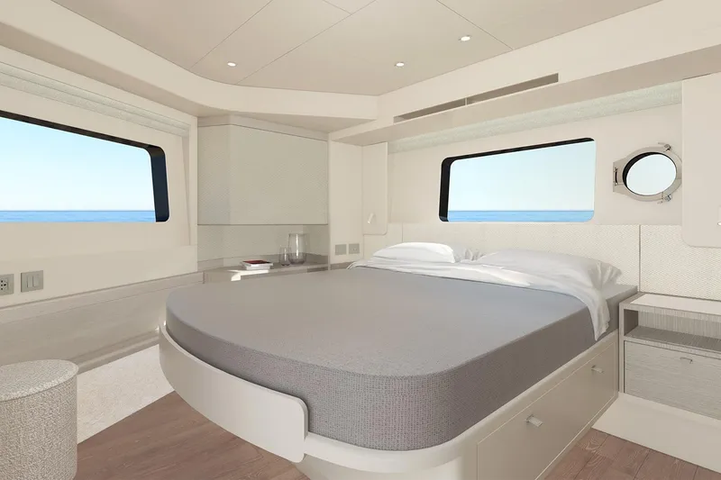 Slide: The Image of Luxurious bedroom interior of 2028 Absolute 50 Navetta yacht with ocean view. - 5