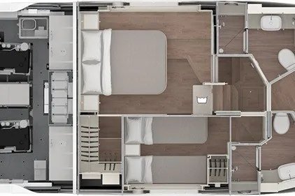 Slide: The Image of Floor plan of the 2027 Absolute 50 Navetta yacht, featuring bedrooms and bathrooms. - 39