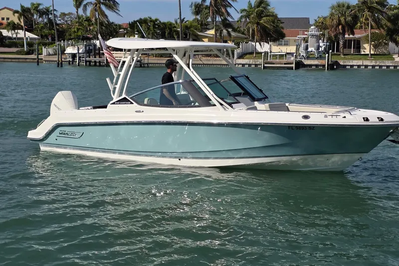 Slide: The Image of 2021 Boston Whaler 240 Vantage boat cruising on a sunny day near palm trees. - 6