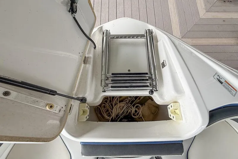 Slide: The Image of 2019 Yamaha Boats 242 Limited S E-Series bow storage with ladder and ropes. - 22
