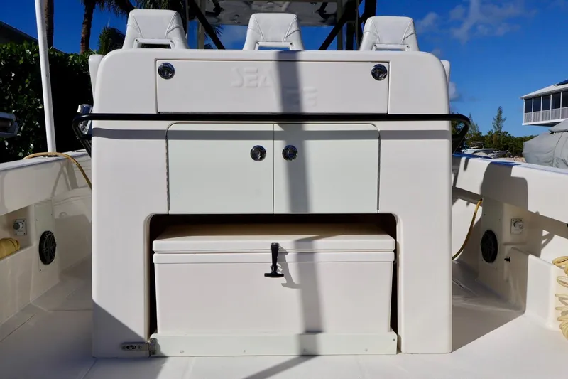Slide: The Image of 2019 SeaVee 370Z boat interior with storage compartments and seating. - 6