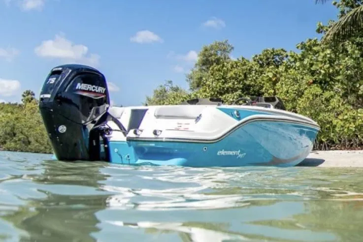 Slide: The Image of Manufacturer Provided Image: Manufacturer Provided Image: 2025 Bayliner Element M17 boat in shallow water, featuring a Mercury outboard motor. - 2