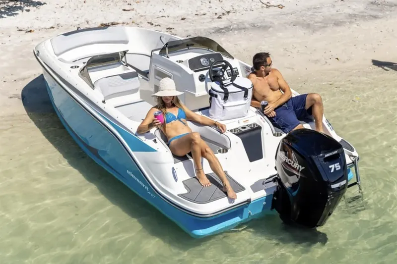 Slide: The Image of Manufacturer Provided Image: Manufacturer Provided Image: 2025 Bayliner Element M17 boat with two people relaxing on a sandy shore. - 4