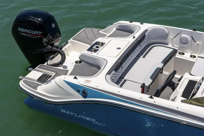 Slide: The Image of Manufacturer Provided Image: Manufacturer Provided Image: 2025 Bayliner Element M17 boat with Mercury engine on water. - 5