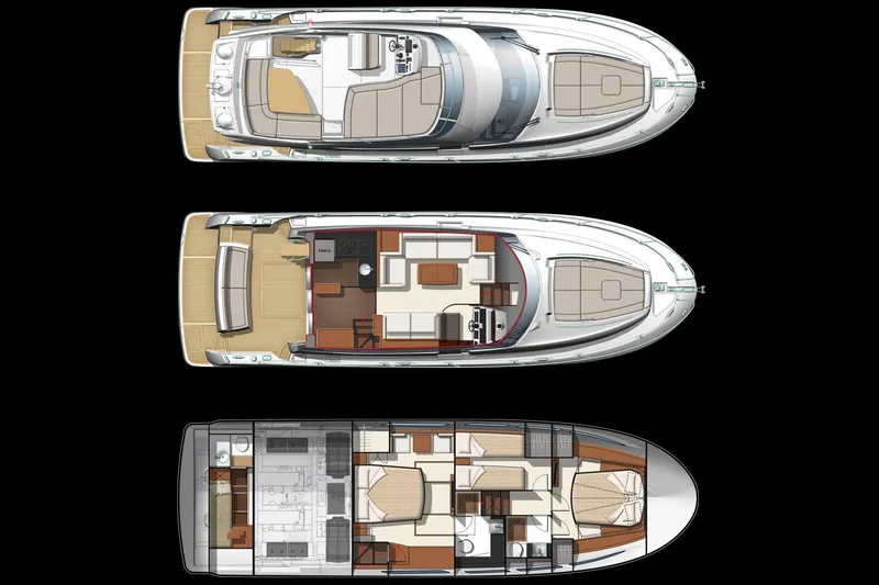 Slide: The Image of Floor plan of 2017 Prestige 500 yacht, showcasing three levels with detailed interior layout. - 69