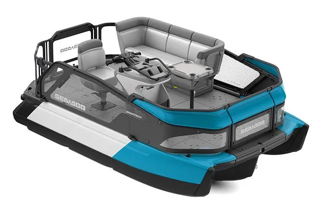 Slide: The Image of Manufacturer Provided Image: 2023 Sea-Doo Switch Compact pontoon boat with blue and gray accents. - 0
