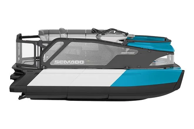 Slide: The Image of Manufacturer Provided Image: 2023 Sea-Doo Switch Compact, side view, blue and white pontoon boat. - 1