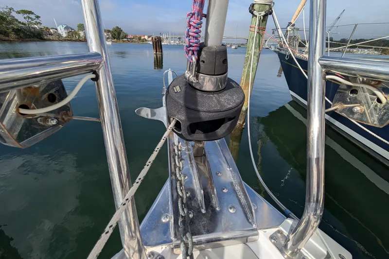 Slide: The Image of Close-up of 2021 Catalina 315 yacht deck with rigging and window details. - 43